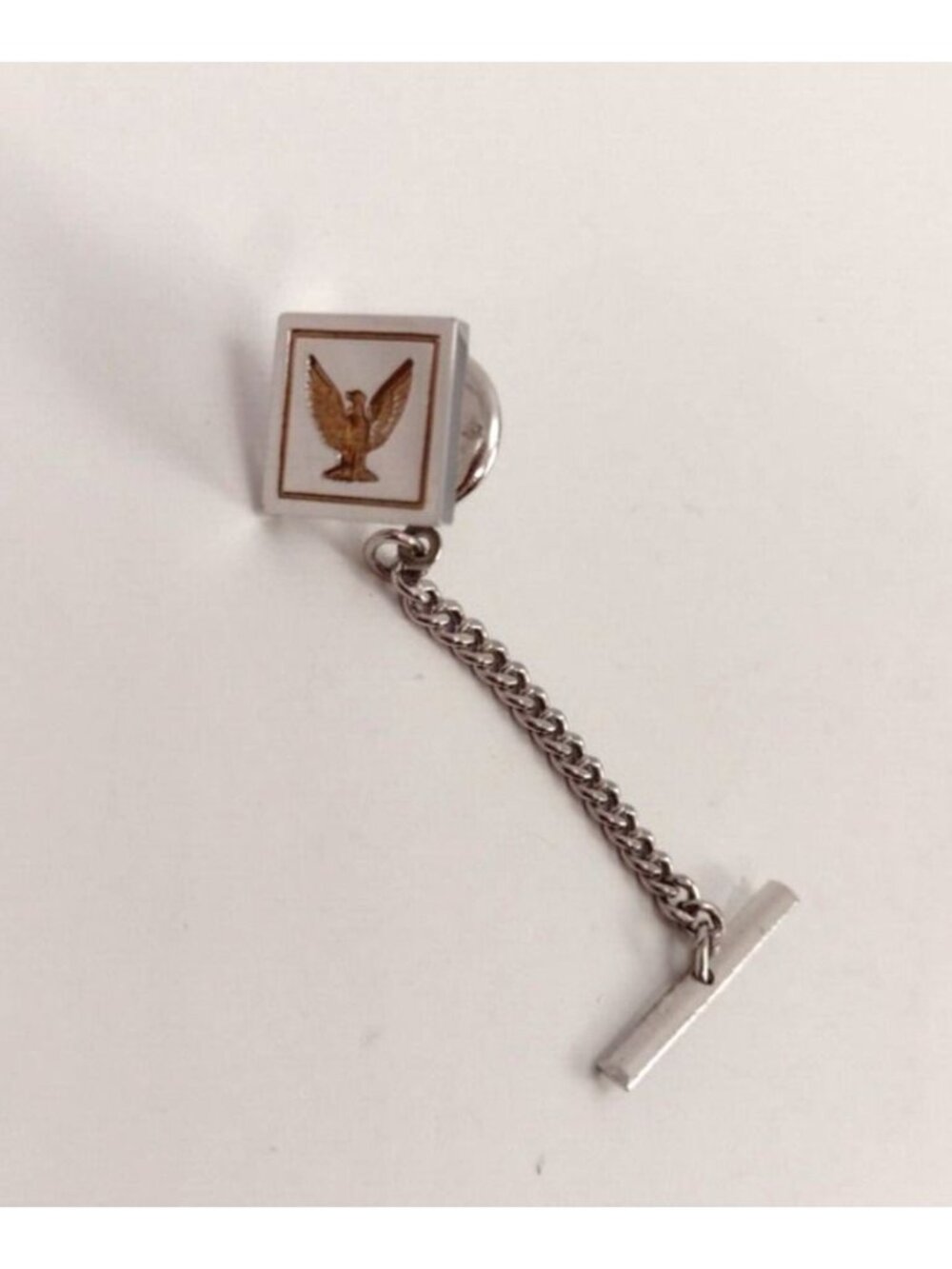 Silver & Gold Tone Eagle Tie Tack With Chain Patriotic Bird Square Formal Attire